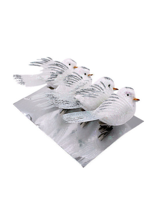Christmas Decorative White-Silver Birds Clips 4 Pieces 1epx3163
