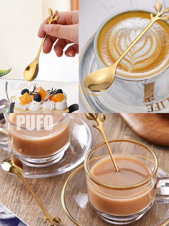 Set 6 Linguri Puff Leaf Cafea Ceai Desert Inox Mâner În formă de frunză Aurie 13 Cm