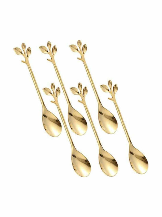 Set 6 Linguri Puff Leaf Cafea Ceai Desert Inox Mâner În formă de frunză Aurie 13 Cm