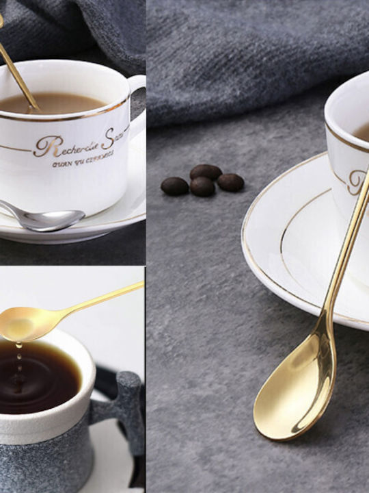 Set 6 Linguri Puff Leaf Cafea Ceai Desert Inox Mâner În formă de frunză Aurie 13 Cm