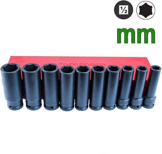 Force Nüsse Pneumatisch Sechskant Lange mit Vierkant-Antrieb 1/2" Set 10Stück