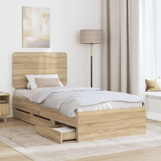 Pat Single Din Lemn Stejar Sonoma Cu Plăci Pentru Saltea 75x190cm