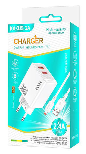 Kakusiga Φορτιστής με 2 Θύρες USB-A και Καλώδιο Lightning 12W Λευκός (KSC-1238)