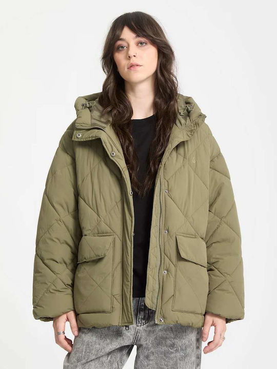 Puff Κοντό Γυναικείο Puffer Μπουφάν Αδιάβροχο Wintermoss Green