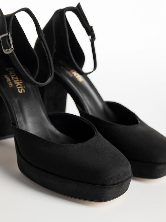 Suede Γόβες με Λουράκι & Χοντρό Ψηλό Τακούνι Μαύρες