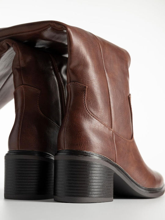 Synthetic Leather Medium Heel Women's Boots with Zipper Brown