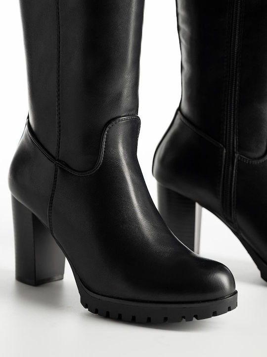 Synthetic Leather High Heel Women's Boots with Zipper Black