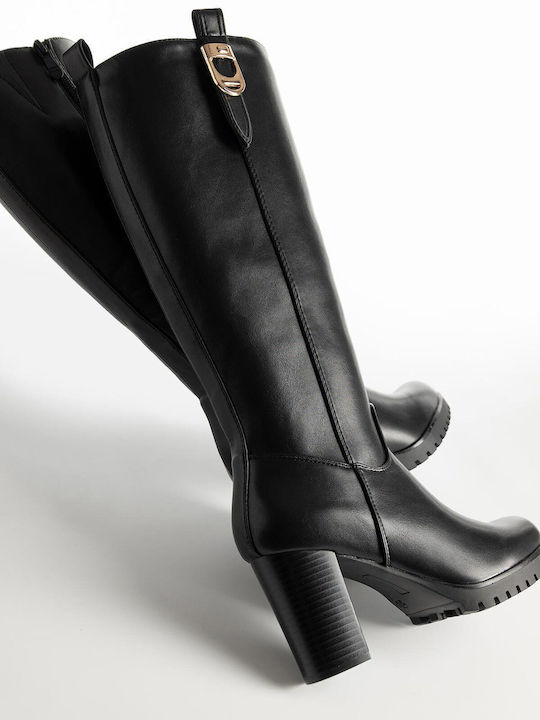 Synthetic Leather High Heel Women's Boots with Zipper Black