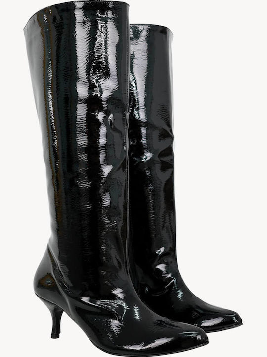 Черен Лакиран Ботуши Широк Крой Kitten Heel