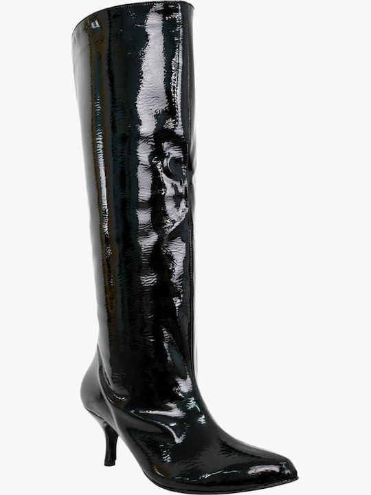 Черен Лакиран Ботуши Широк Крой Kitten Heel
