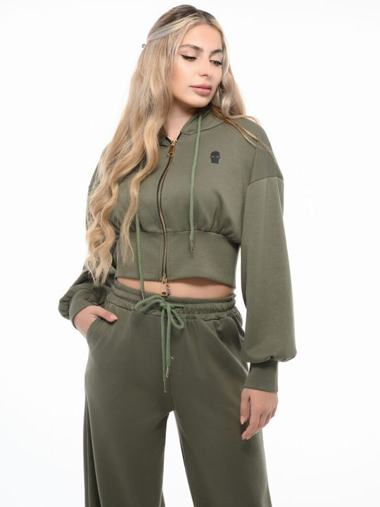 Cropped Γυναικεία Ζακέτα Φούτερ με Κουκούλα Olive