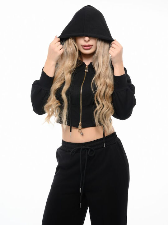 Cropped Women's Sweatshirt Jacket Hooded Black