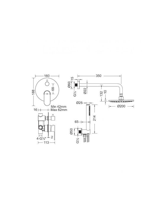 Cora Built-in Mixer, Diverter, Hand Shower & Supply Set for Shower 2 Exits Silver
