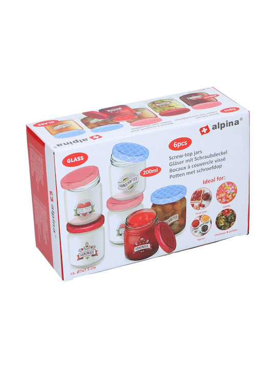 Alpina Set of 6 General Use Transparent Glass Jars with Lid 200ml 6 Pieces