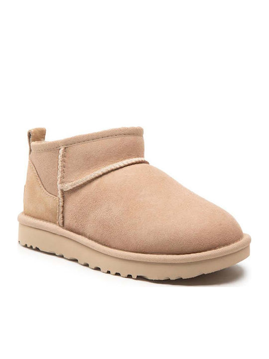 Classic Ultra Mini Leather Women's Ankle Boots with Fur Sand