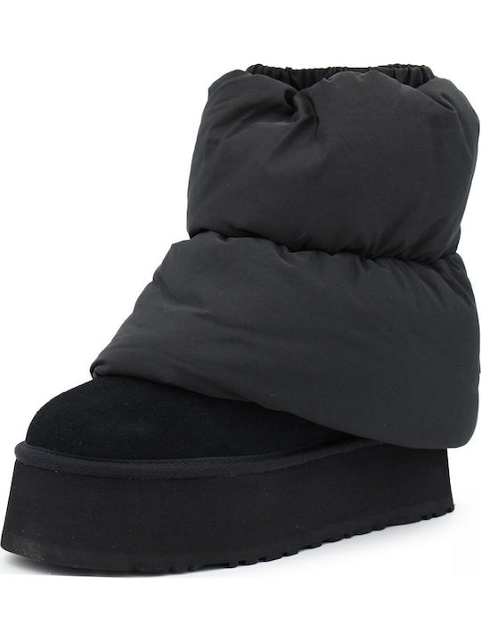 Classic Mini Dipper Puffer Suede Women's Ankle Boots with Fur Black