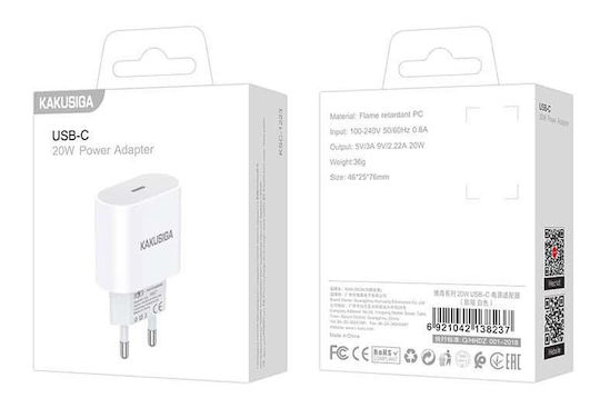 Kakusiga Φορτιστής Χωρίς Καλώδιο με Θύρα USB-C 20W Λευκός (KSC-1223)