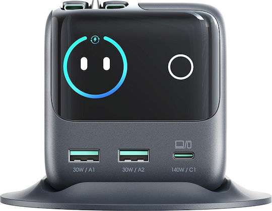 Joyroom Βάση Φόρτισης GaN με 2 Θύρες USB-A και Θύρα USB-C και Καλώδιο USB-C 140W Quick Charge 3.0 σε Γκρι χρώμα (JR-TRD01)