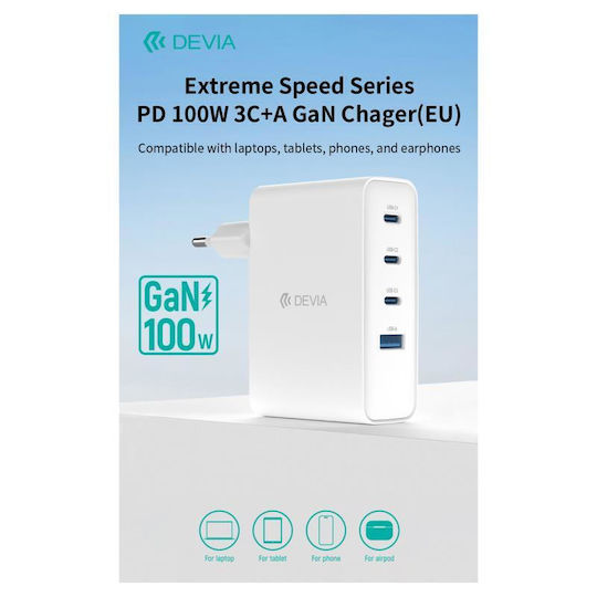 Devia Φορτιστής Χωρίς Καλώδιο GaN με Θύρα USB-A και 3 Θύρες USB-C 100W Power Delivery / Quick Charge 3.0 Λευκός (RCE-10001)