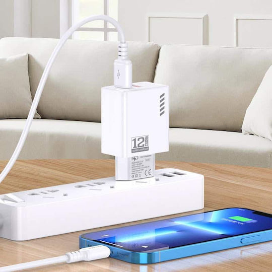 Kakusiga Φορτιστής με 2 Θύρες USB-A και Καλώδιο Lightning 12W Λευκός (KSC-1238)