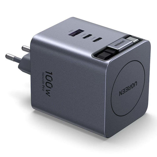 Ugreen Ladegerät GaN mit USB-A Anschluss und 2 USB-C Anschlüsse und Kabel USB-C 100W Stromlieferung Gray (X616)