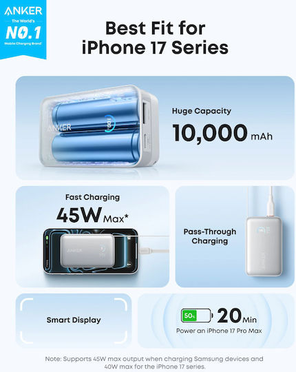 Anker Nano Power Bank 10000mAh 45W с USB-A порт и USB-C порт Power Delivery Бял