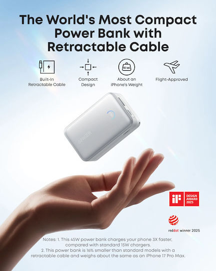 Anker Nano Power Bank 10000mAh 45W с USB-A порт и USB-C порт Power Delivery Бял