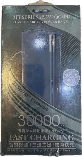 Remax RPP-257 Riji Power Bank 30000mAh 22.5W с 2 USB-A порта и USB-C порт Power Delivery / Бързо зареждане 3.0 / Бързо зареждане 4.0 Син