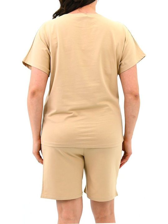 Set Pentru Femei Cu Pantaloni Scurți Sportivi Crem