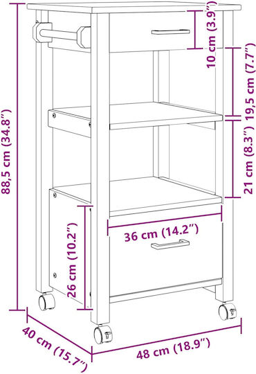 vidaXL vidaXL Küchenwagen Hölzernes 3 Ebenen Schwarz 48x40x88,5cm