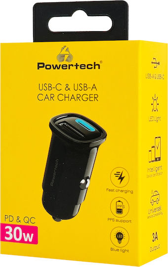 Powertech PT 1538 Car Charger 30W 2.4A Fast Charging with Ports: 1xUSB 1xType-C Black Color