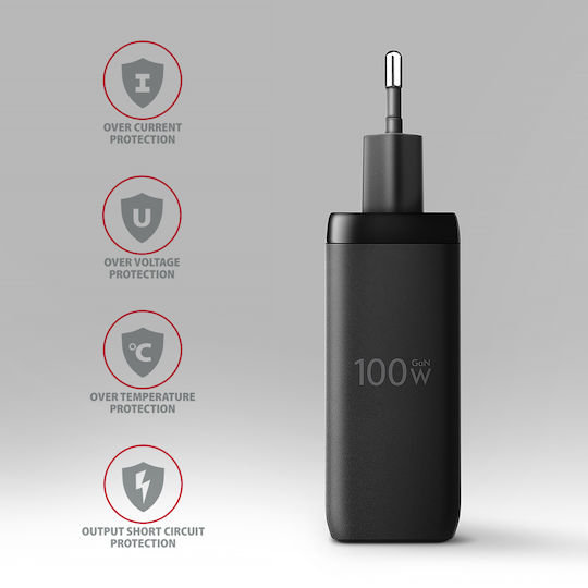 Axagon Charger Without Cable GaN with USB-A Port and 2 USB-C Ports 100W Power Delivery / Quick Charge 3.0 Blacks (ACU-DPQ100)