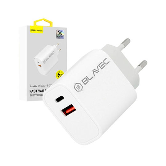 Blavec Ladegerät ohne Kabel mit USB-A Anschluss und USB-C Anschluss 20W Stromlieferung / Schnellaufladung 3.0 Weißs (Blavec TCBC2-UCW20)