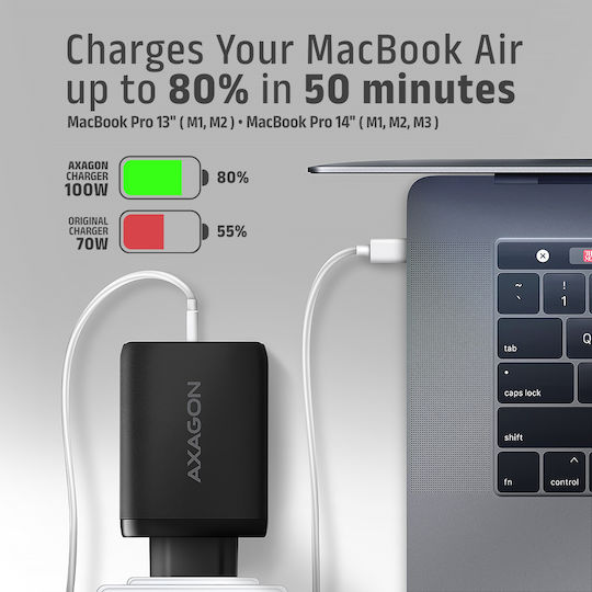 Axagon Charger Without Cable GaN with USB-A Port and 2 USB-C Ports 100W Power Delivery / Quick Charge 3.0 Blacks (ACU-DPQ100)
