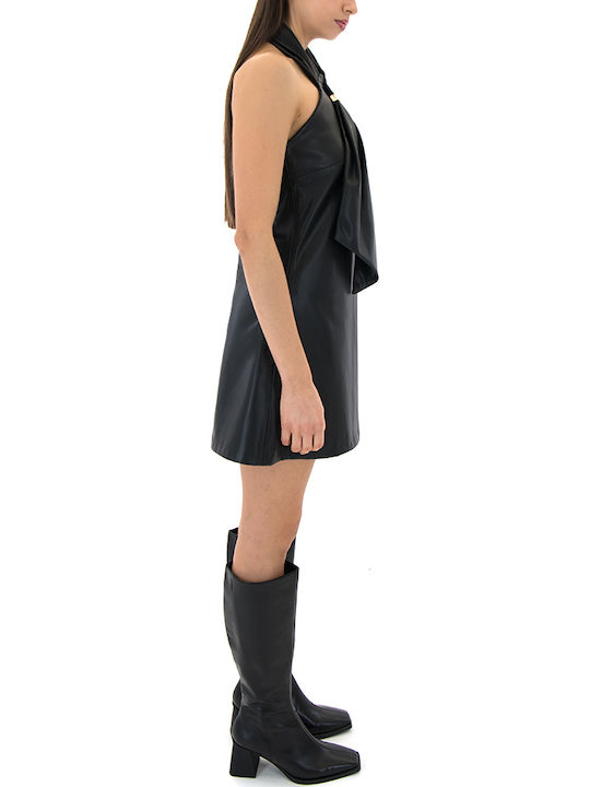 Summer Mini Evening Shirt Dress Leather Open Back Black