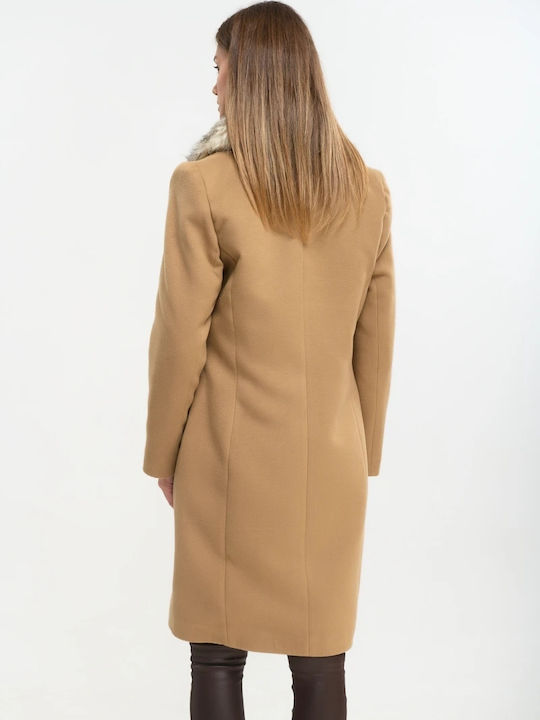 Women's Camel Coat with Fur Details
