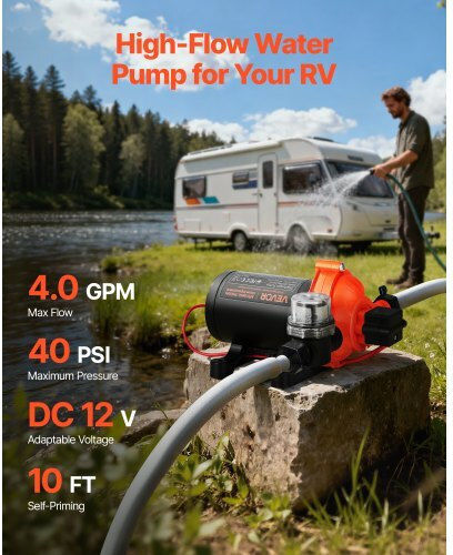 Water Pump Vevor RV 12V DC 4 GPM 15.1 L Min Diaphragm Self-Priming 3-Chamber Automatic Pressure Switch Maximum Pressure 40 PSI Custom RV Caravan Marine Yacht Car Wash