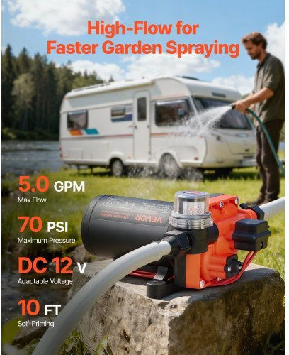 Vevor Rv 12v Dc 5 Gpm 18.9 L Min Water Pump Diaphragm Self-Priming 4-Chamber Automatic Pressure Switch Maximum Pressure 70 Psi Custom Rv Caravan Marine Yacht Car Wash