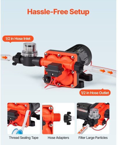 Vevor Rv 12v Dc 5 Gpm 18.9 L Min Water Pump Diaphragm Self-Priming 4-Chamber Automatic Pressure Switch Maximum Pressure 70 Psi Custom Rv Caravan Marine Yacht Car Wash