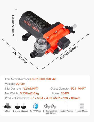 Water Pump Vevor RV 12V DC 6 GPM 22.7 L Min Diaphragm Self-Priming 4-Chamber Automatic Pressure Switch Maximum Pressure 70 PSI Custom RV Caravan Marine Yacht Car Wash