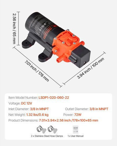 Water Pressure Pump Vevor 12V DC 1.2 GPM 4.5 L Min Diaphragm Self-Priming Water Pump 2 Chambers 2 Hose Clamps Maximum Pressure 80 PSI Quiet Operation RV Caravan Marine Garden Irrigation