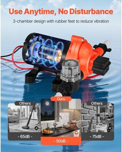 Water Pump Vevor RV 12V DC 4 GPM 15.1 L Min Diaphragm Self-Priming 3-Chamber Automatic Pressure Switch Maximum Pressure 40 PSI Custom RV Caravan Marine Yacht Car Wash