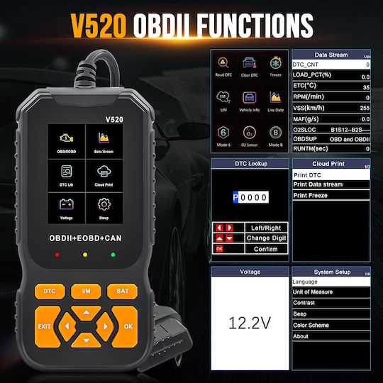 Professional Auto Scanner Obd2 Techstar V520 Engine Diagnosis Read Clear Error Codes Live Data Cloud Report Printing Multilingual 2.8-inch Color Screen