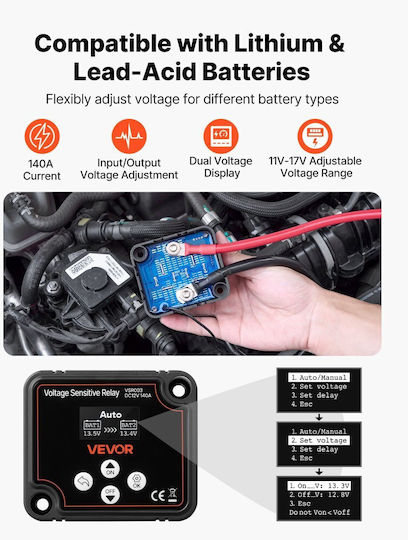 Vevor Dual Battery Isolator 12v 140 Amp Manual Automatic Relay Vsr Voltage Sensitive Lcd Display Smart Battery Isolator Lithium Lead Acid Batteries Car Truck Rv Utv Atv Boat