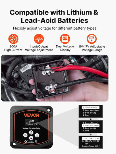 Vevor Dual Battery Isolator 12v 300 Amp Manual Automatic Relay Vsr Voltage Sensitive Lcd Screen Smart Battery Isolator Lithium Lead Acid Batteries Car Truck Rv Utv Atv Boat