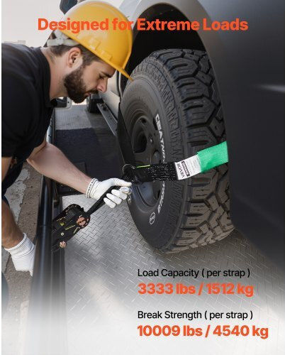 Vevor Wheel Chock Tie Down Kit Car Towing Strap Tire Type Car Tie Down Kit Heavy Duty Hook Break Strength 4540 Kg & Working Load 1512 Kg Motorcycle ATV SUV Trailer Tie Down System