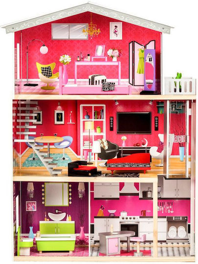 Căsuță de Păpuși din Lemn Bigshot Bs4118pnk 3 Niveluri Scară Interioară Lift 4 Camere Baie Bucătărie Păpușă 10 Piese de Mobilier Multicolor