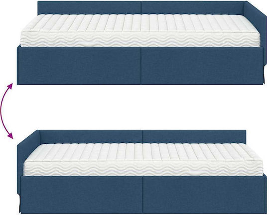 Pat Single Tapițat cu Material Albastru cu Plăci Potrivit pentru Saltea 90x190cm