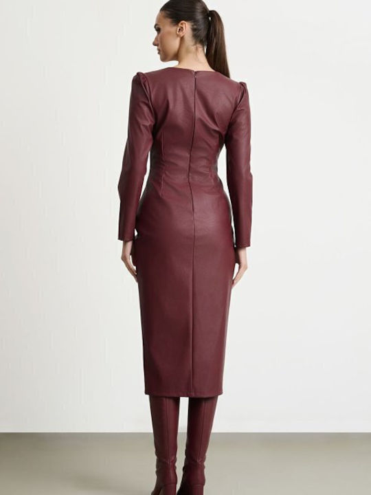 Midi Evening Dress Leather with Slit Burgundy