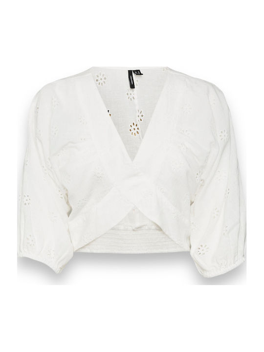 Women's Summer Crop Top Cotton with 3/4 Sleeve & V Neckline Snow White